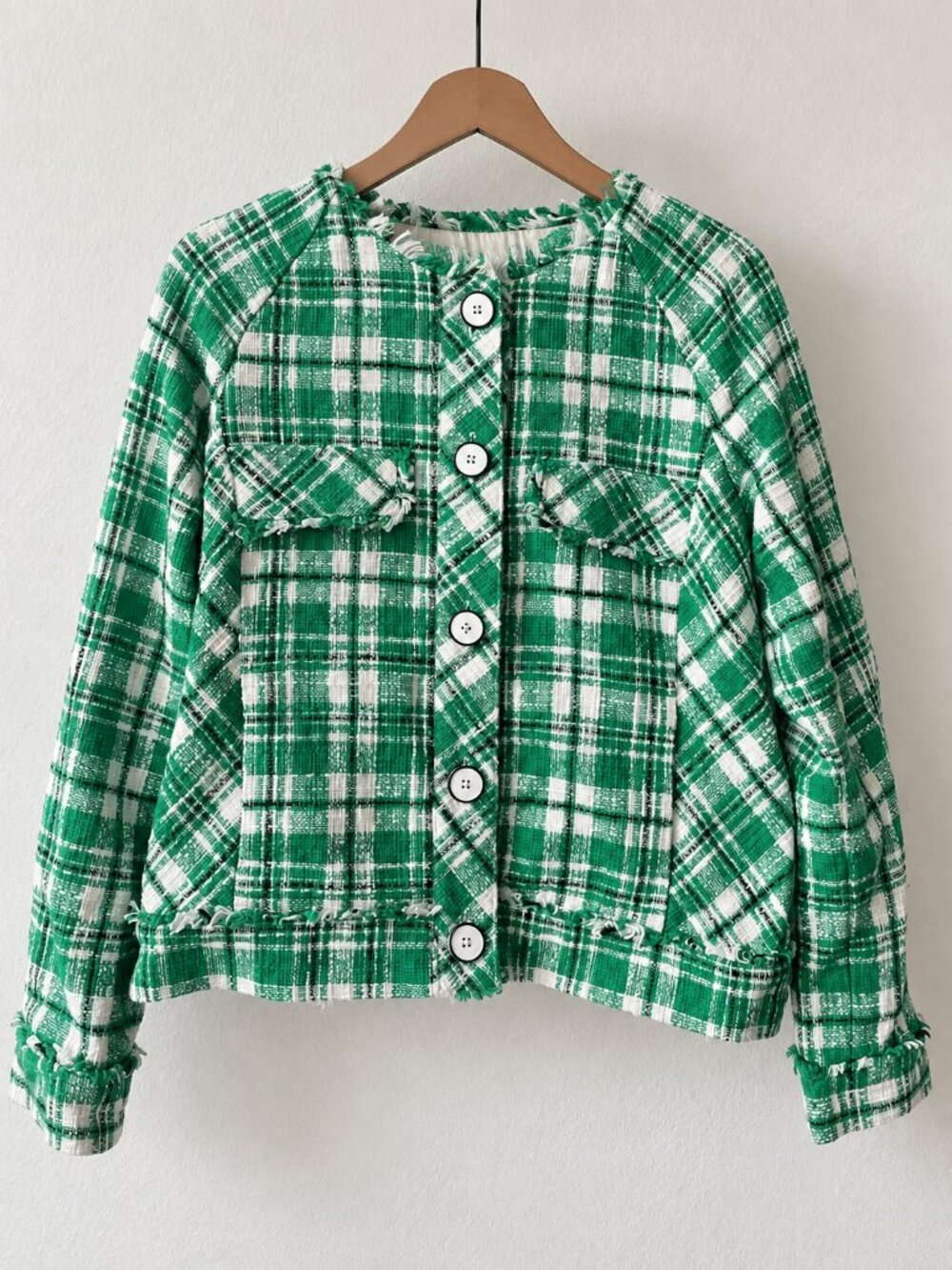 CAbi Library Jacket Medium Green Plaid Tweed Raw Fringe Sophia Topper Boxy